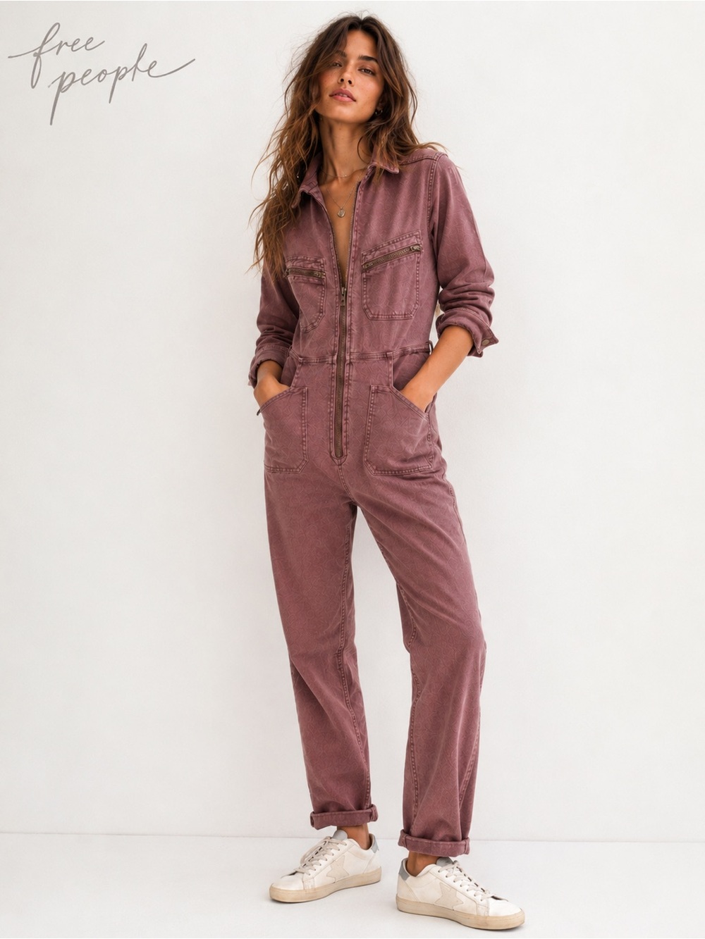 Free People Utility Jumpsuit Small Muted Burgundy Zip Front Denim Coverall